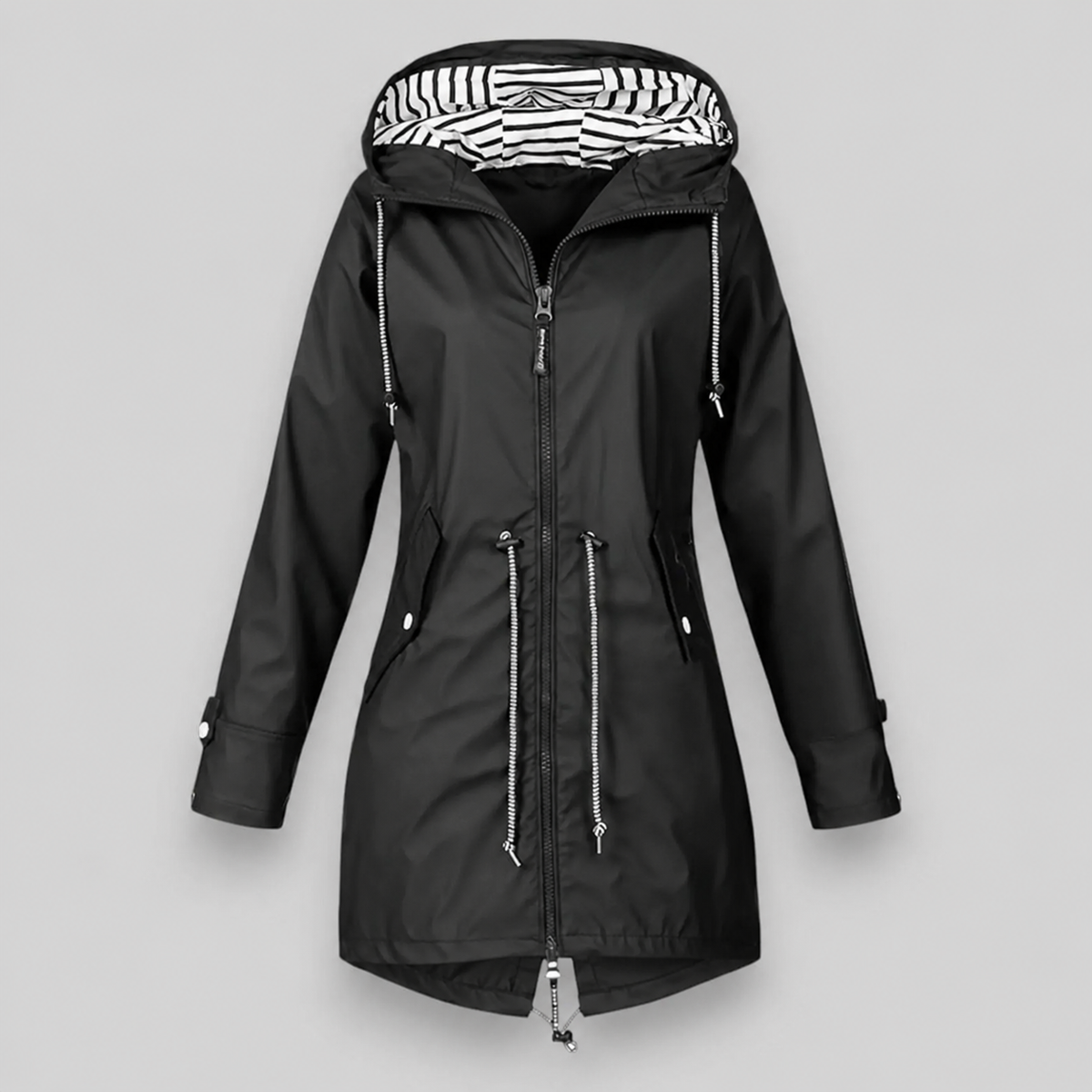 Women's longline hooded parka jacket with drawstring details and angled pockets