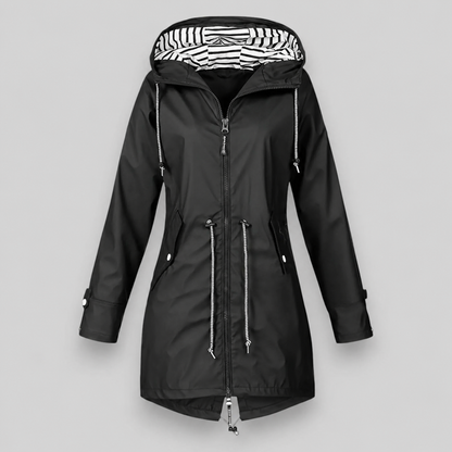 Women's longline hooded parka jacket with drawstring details and angled pockets