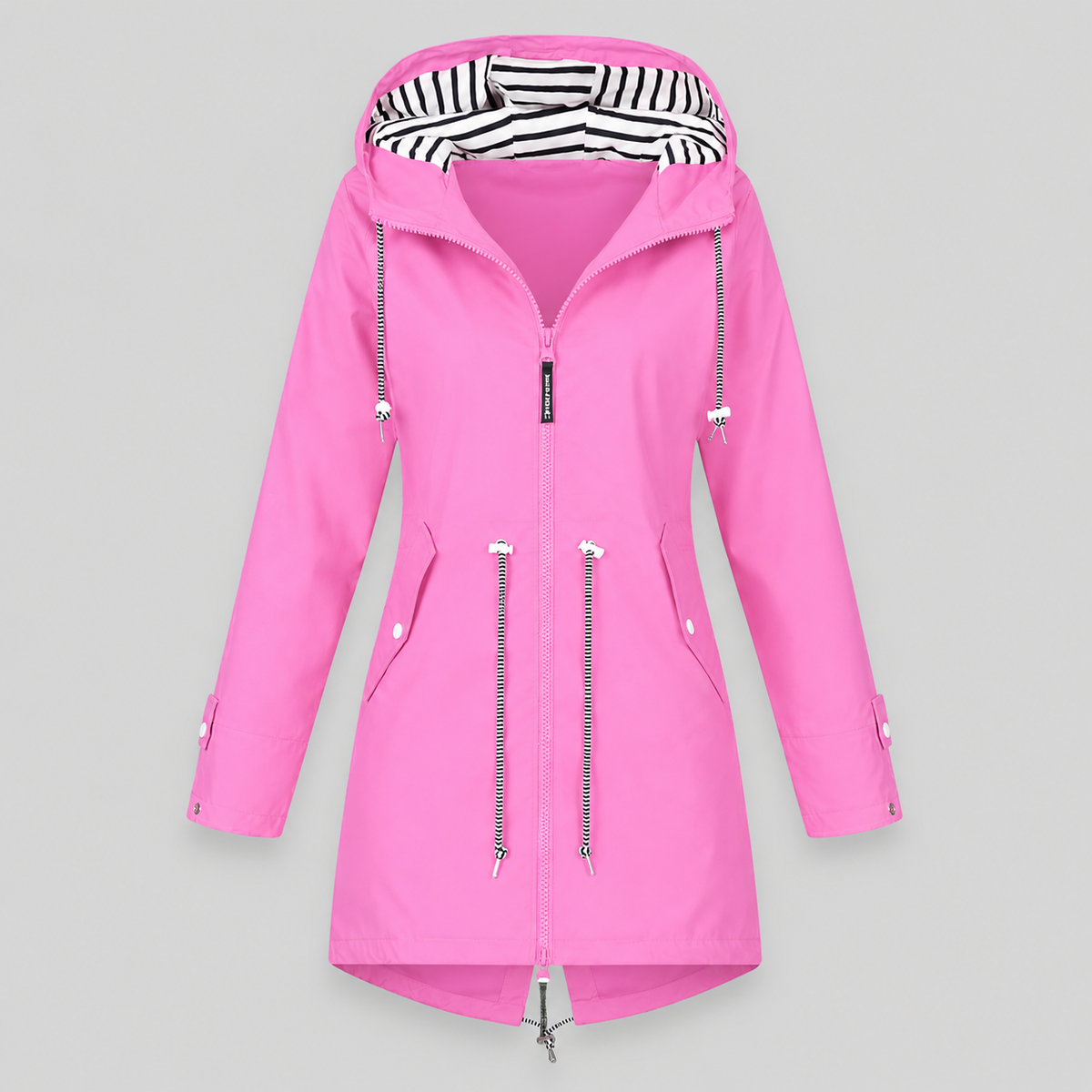 Women's longline hooded parka jacket with drawstring details and angled pockets