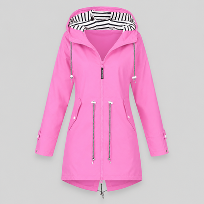 Women's longline hooded parka jacket with drawstring details and angled pockets