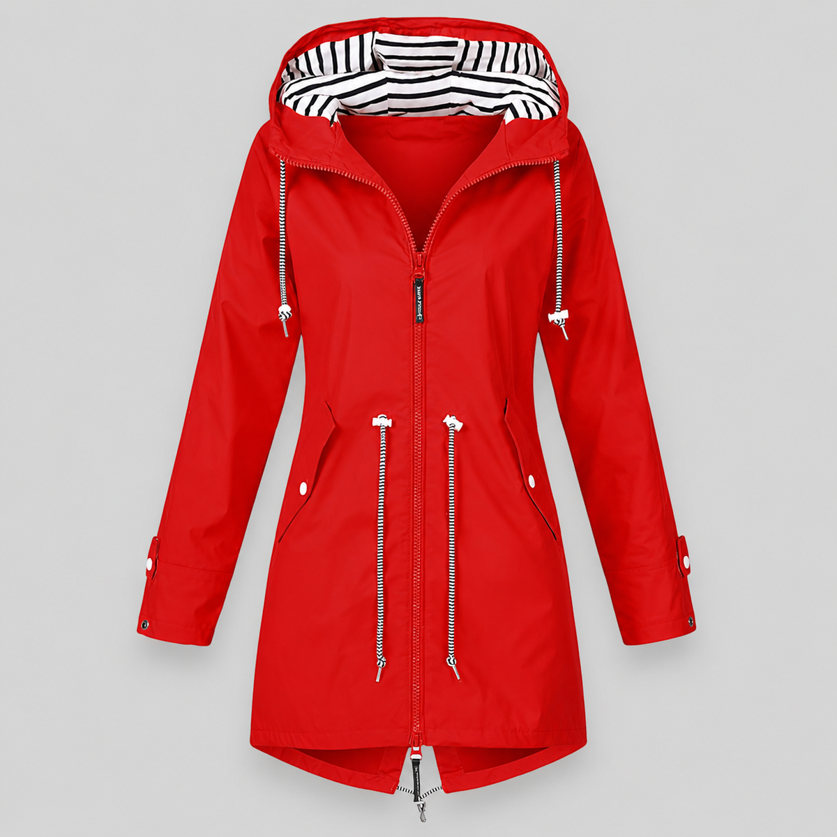 Women's longline hooded parka jacket with drawstring details and angled pockets