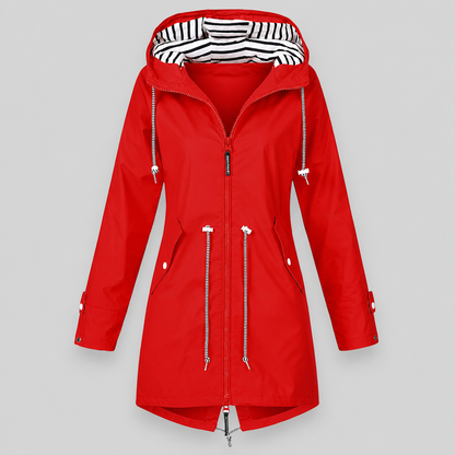 Women's longline hooded parka jacket with drawstring details and angled pockets