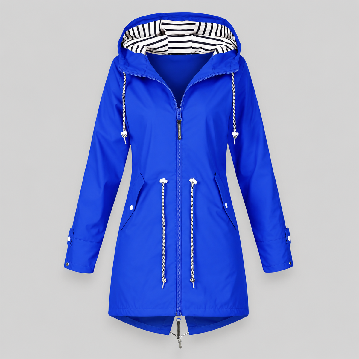 Women's longline hooded parka jacket with drawstring details and angled pockets