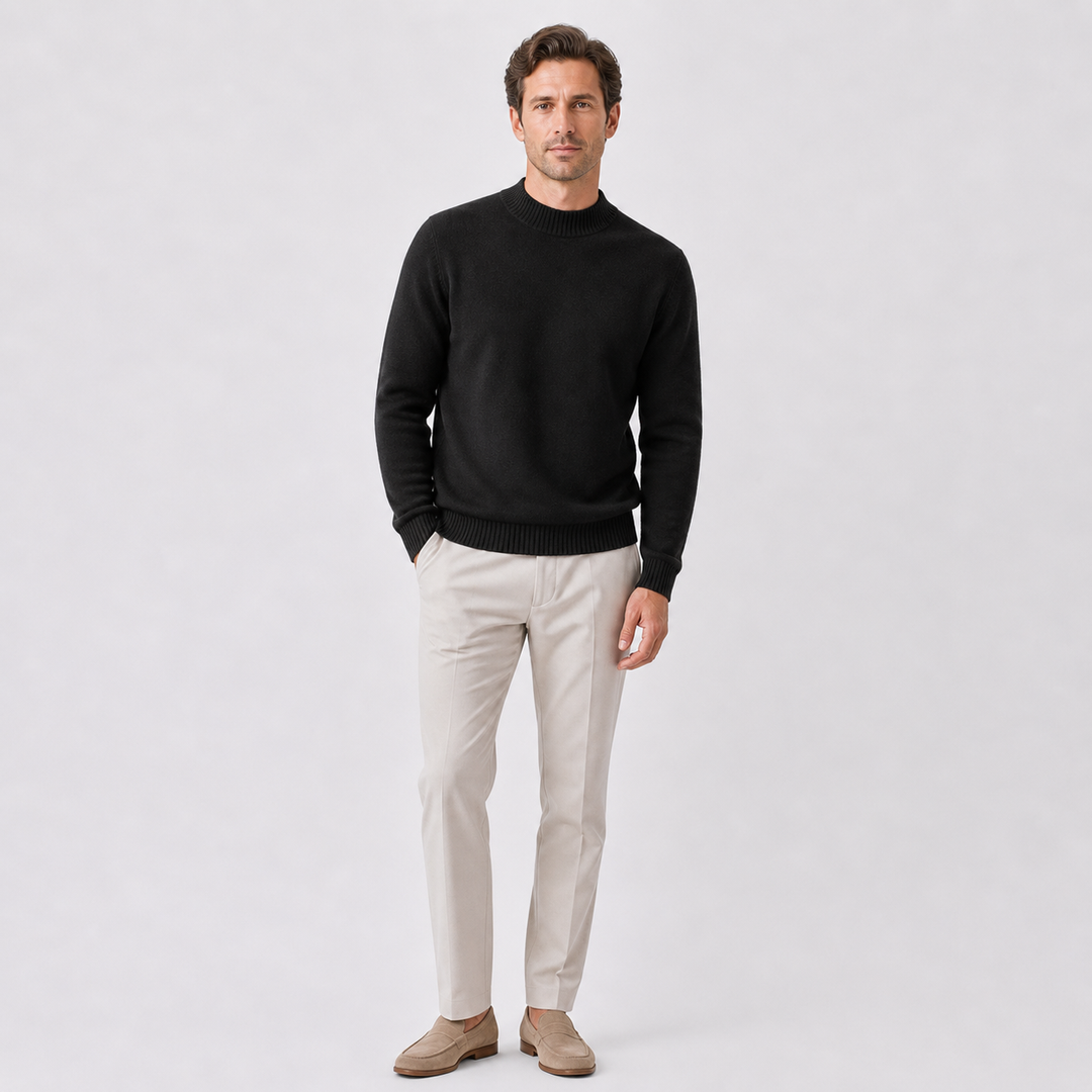 Men's plain turtleneck sweater with ribbed trims and long sleeves