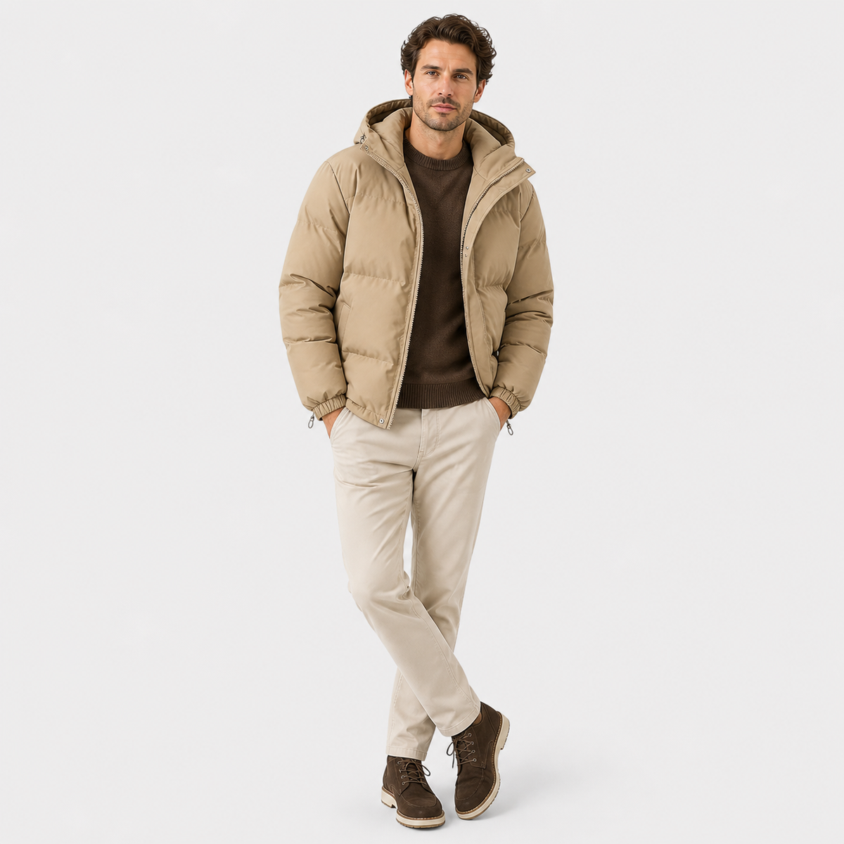 Unisex hooded quilted puffer jacket with long sleeves and front pockets