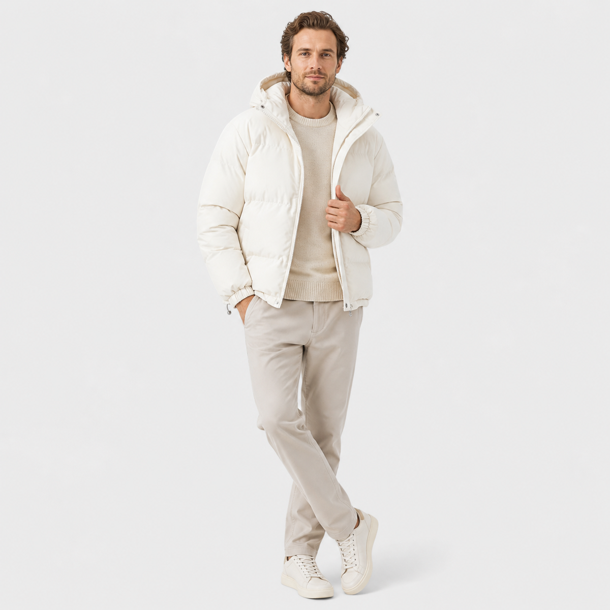 Unisex hooded quilted puffer jacket with long sleeves and front pockets