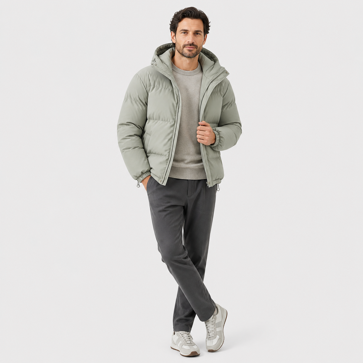 Unisex hooded quilted puffer jacket with long sleeves and front pockets