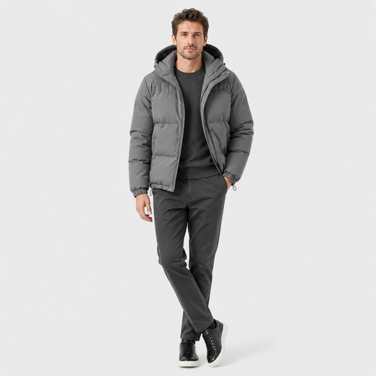 Unisex hooded quilted puffer jacket with long sleeves and front pockets