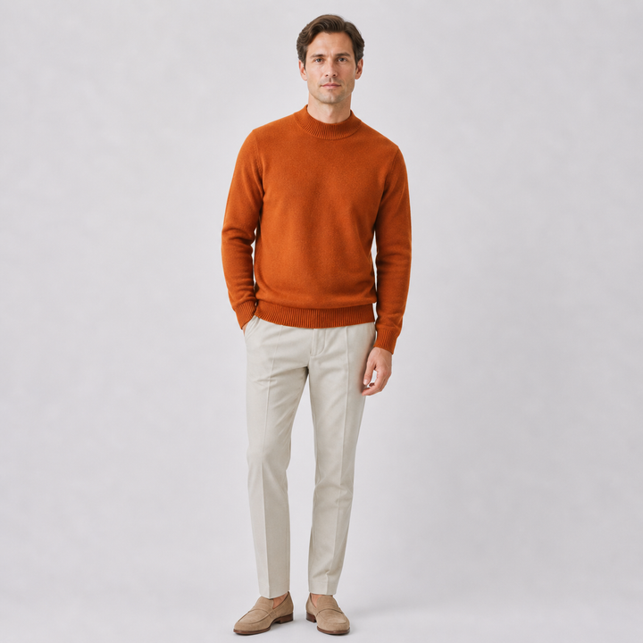 Men's plain turtleneck sweater with ribbed trims and long sleeves