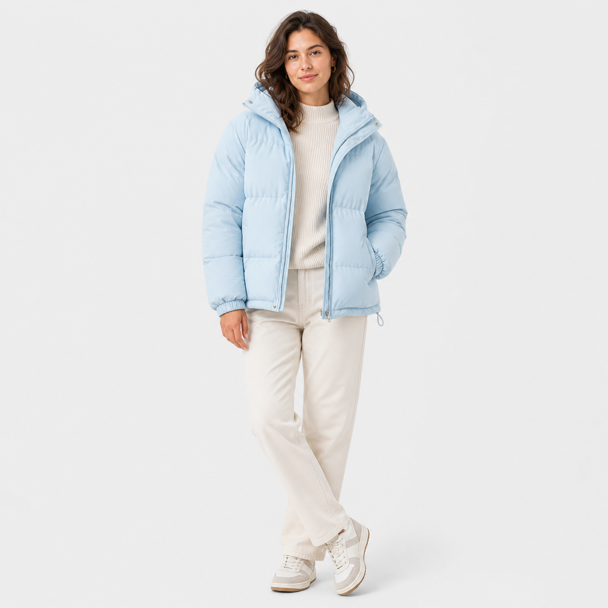 Unisex hooded quilted puffer jacket with long sleeves and front pockets
