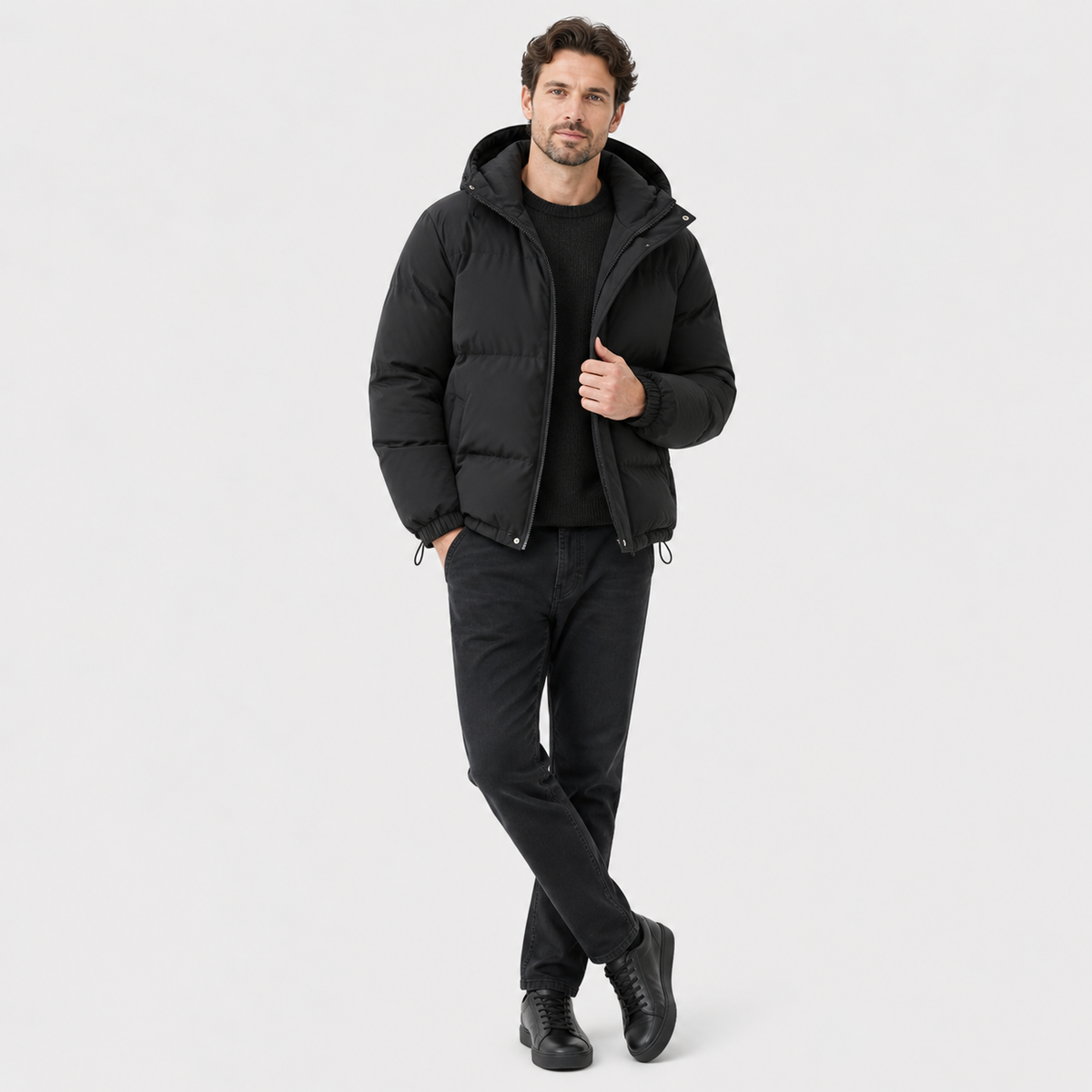 Unisex hooded quilted puffer jacket with long sleeves and front pockets