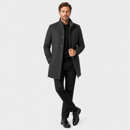 Men's long overcoat with raised collar and button front
