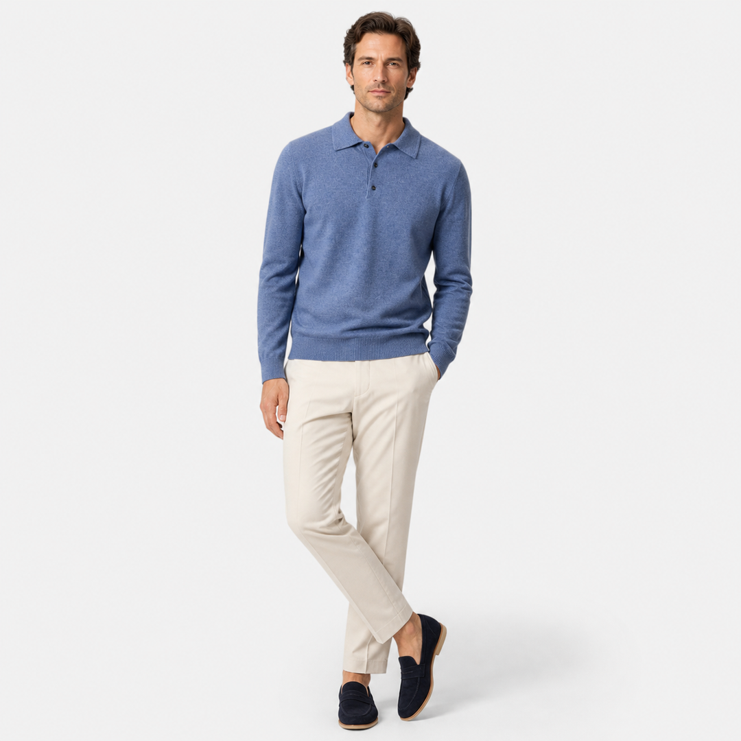 Men's long sleeve polo sweater with collar and button placket