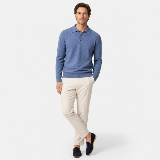 Men's long sleeve polo sweater with collar and button placket