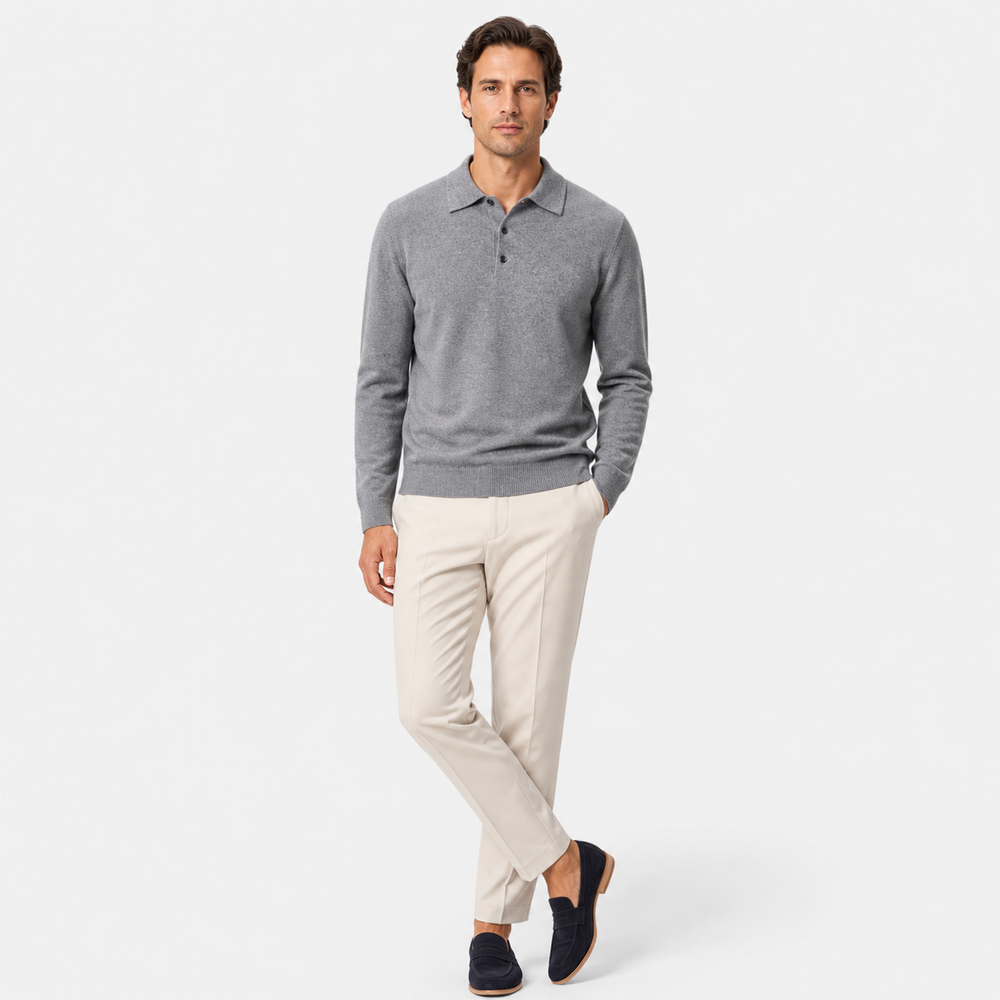 Men's long sleeve polo sweater with collar and button placket