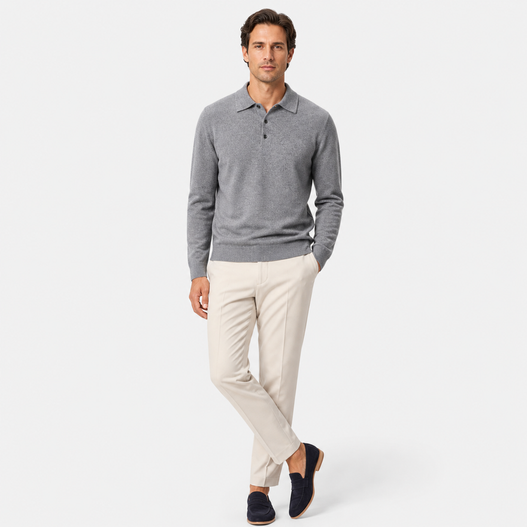 Men's long sleeve polo sweater with collar and button placket