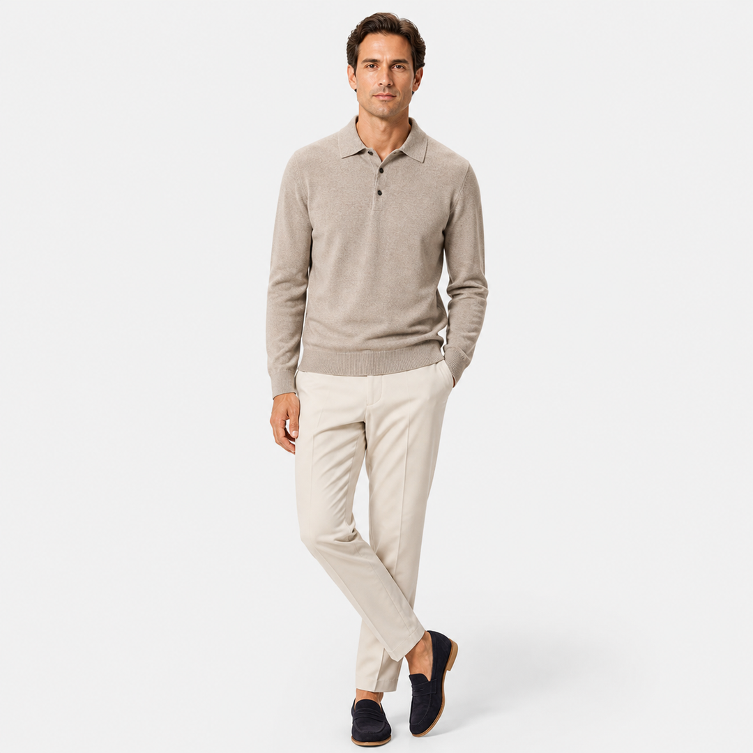 Men's long sleeve polo sweater with collar and button placket