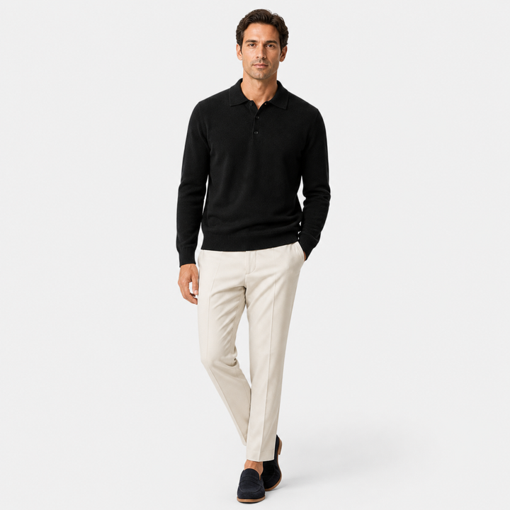 Men's long sleeve polo sweater with collar and button placket