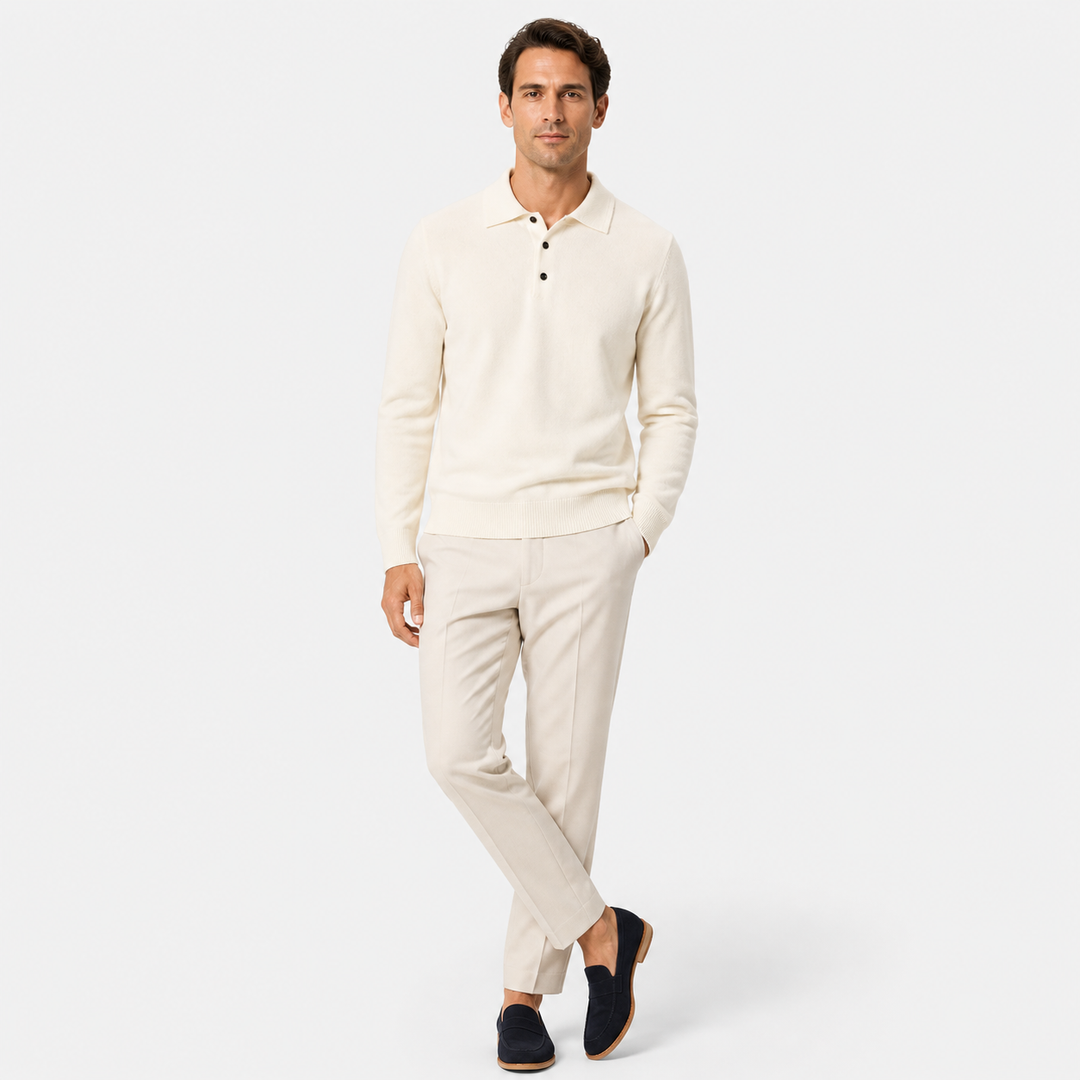 Men's long sleeve polo sweater with collar and button placket