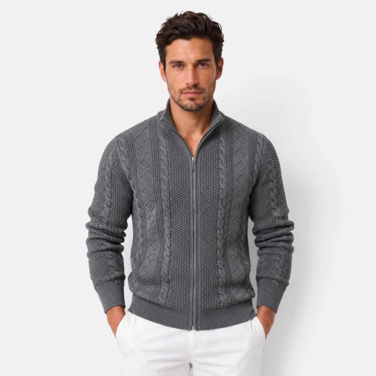 Men's cable knit zip-up sweater with stand collar and long sleeves