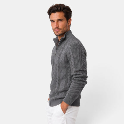 Men's cable knit zip-up sweater with stand collar and long sleeves
