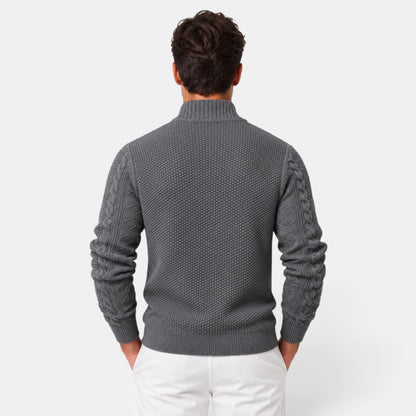 Men's cable knit zip-up sweater with stand collar and long sleeves