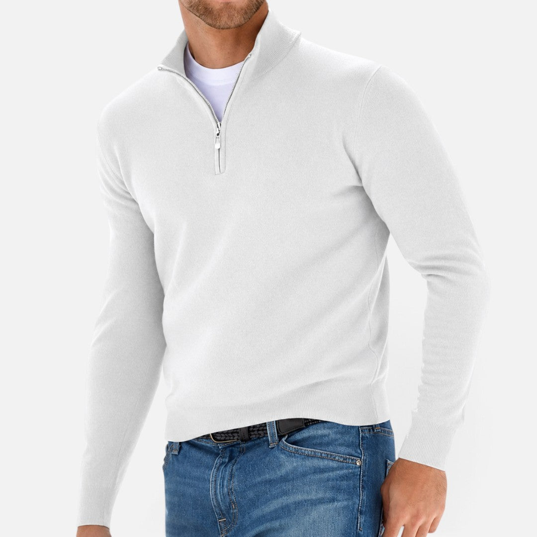 Men's plain quarter-zip knit jumper with stand collar and long sleeves
