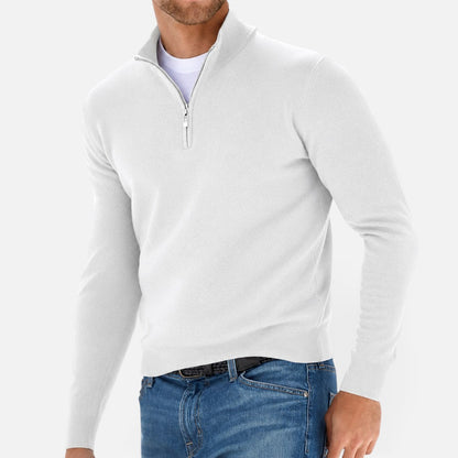 Men's plain quarter-zip knit jumper with stand collar and long sleeves