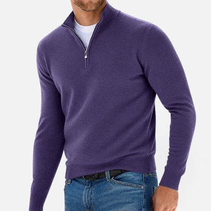 Men's plain quarter-zip knit jumper with stand collar and long sleeves