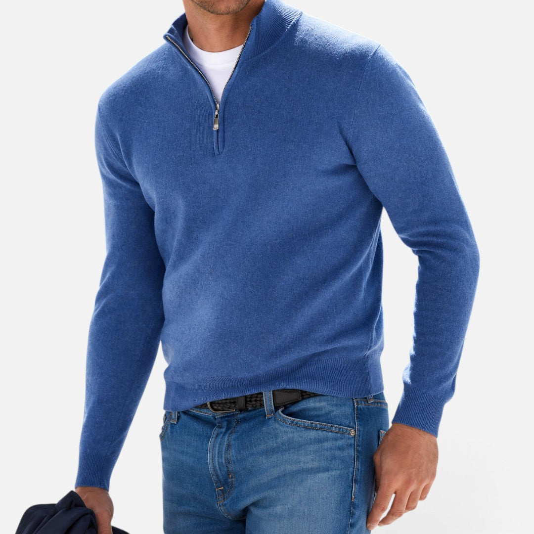 Men's plain quarter-zip knit jumper with stand collar and long sleeves
