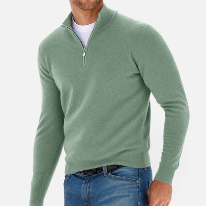 Men's plain quarter-zip knit jumper with stand collar and long sleeves