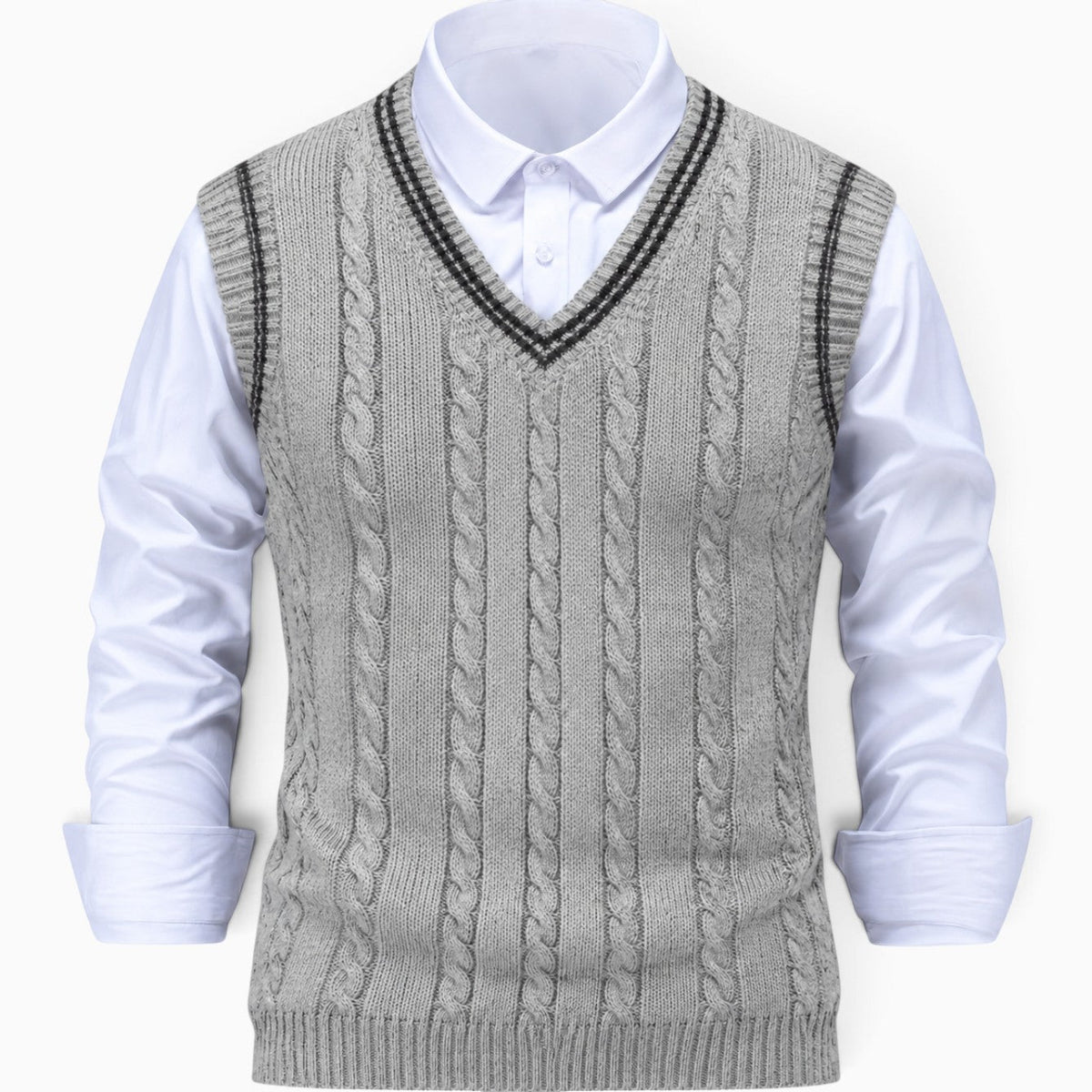Men's sleeveless cable knit V-neck sweater vest with contrasting tipped trim