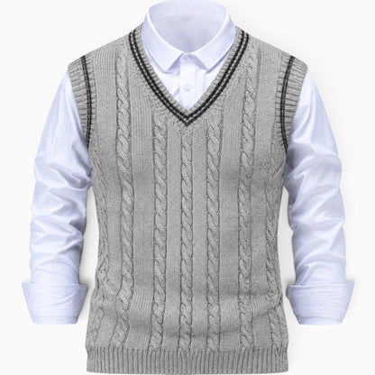 Men's sleeveless cable knit V-neck sweater vest with contrasting tipped trim