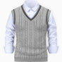 Men's sleeveless cable knit V-neck sweater vest with contrasting tipped trim
