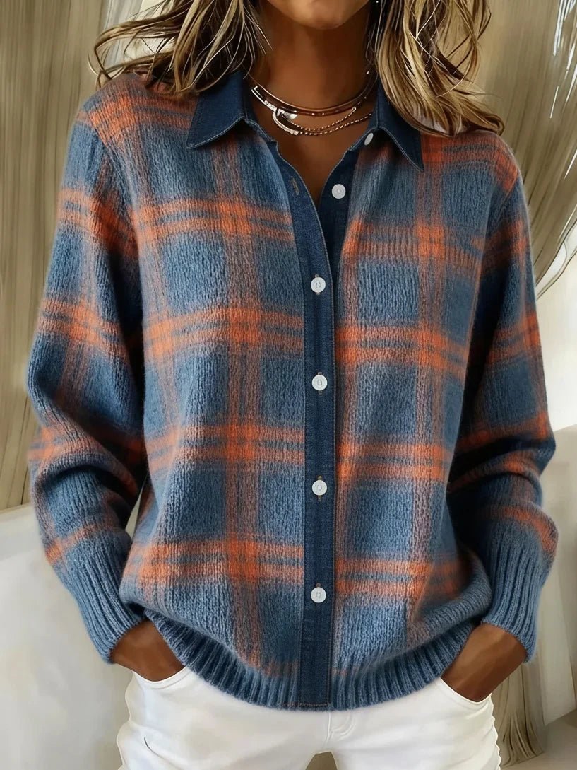 Women's checked cardigan with shirt collar, long sleeves and button front