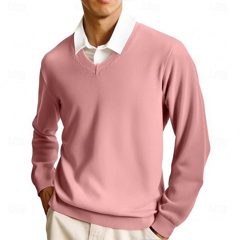 Men's solid V-neck jumper with long sleeves and ribbed trims