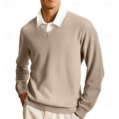 Men's solid V-neck jumper with long sleeves and ribbed trims