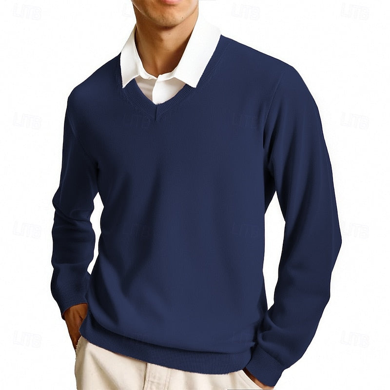 Men's solid V-neck jumper with long sleeves and ribbed trims