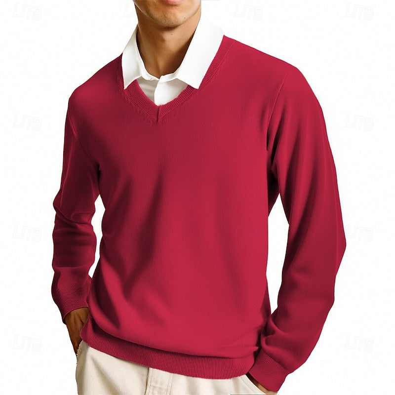 Men's solid V-neck jumper with long sleeves and ribbed trims