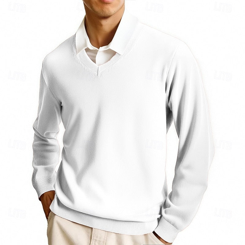 Men's solid V-neck jumper with long sleeves and ribbed trims