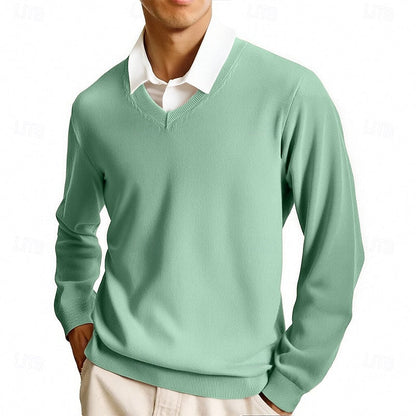 Men's solid V-neck jumper with long sleeves and ribbed trims