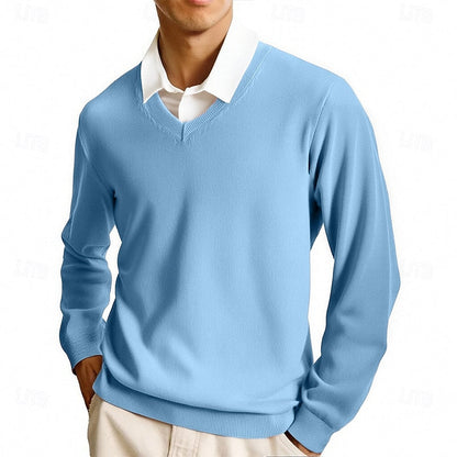 Men's solid V-neck jumper with long sleeves and ribbed trims