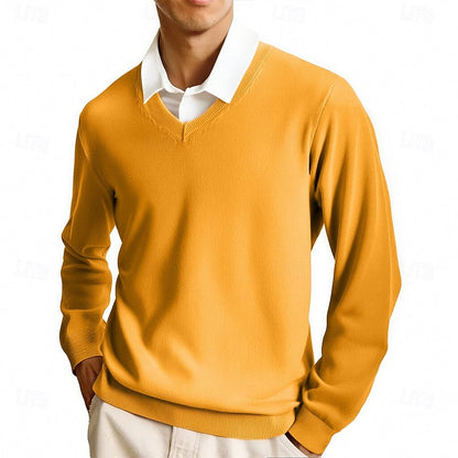 Men's solid V-neck jumper with long sleeves and ribbed trims