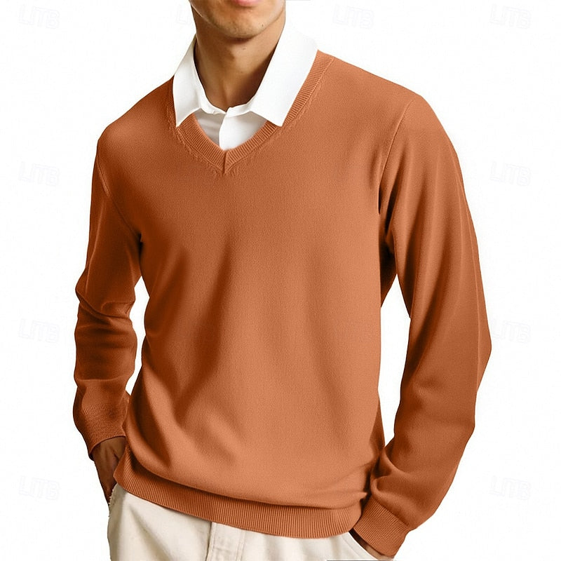 Men's solid V-neck jumper with long sleeves and ribbed trims