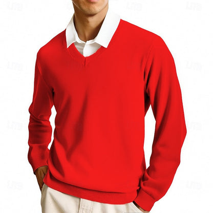 Men's solid V-neck jumper with long sleeves and ribbed trims