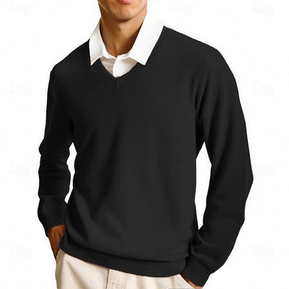Men's solid V-neck jumper with long sleeves and ribbed trims