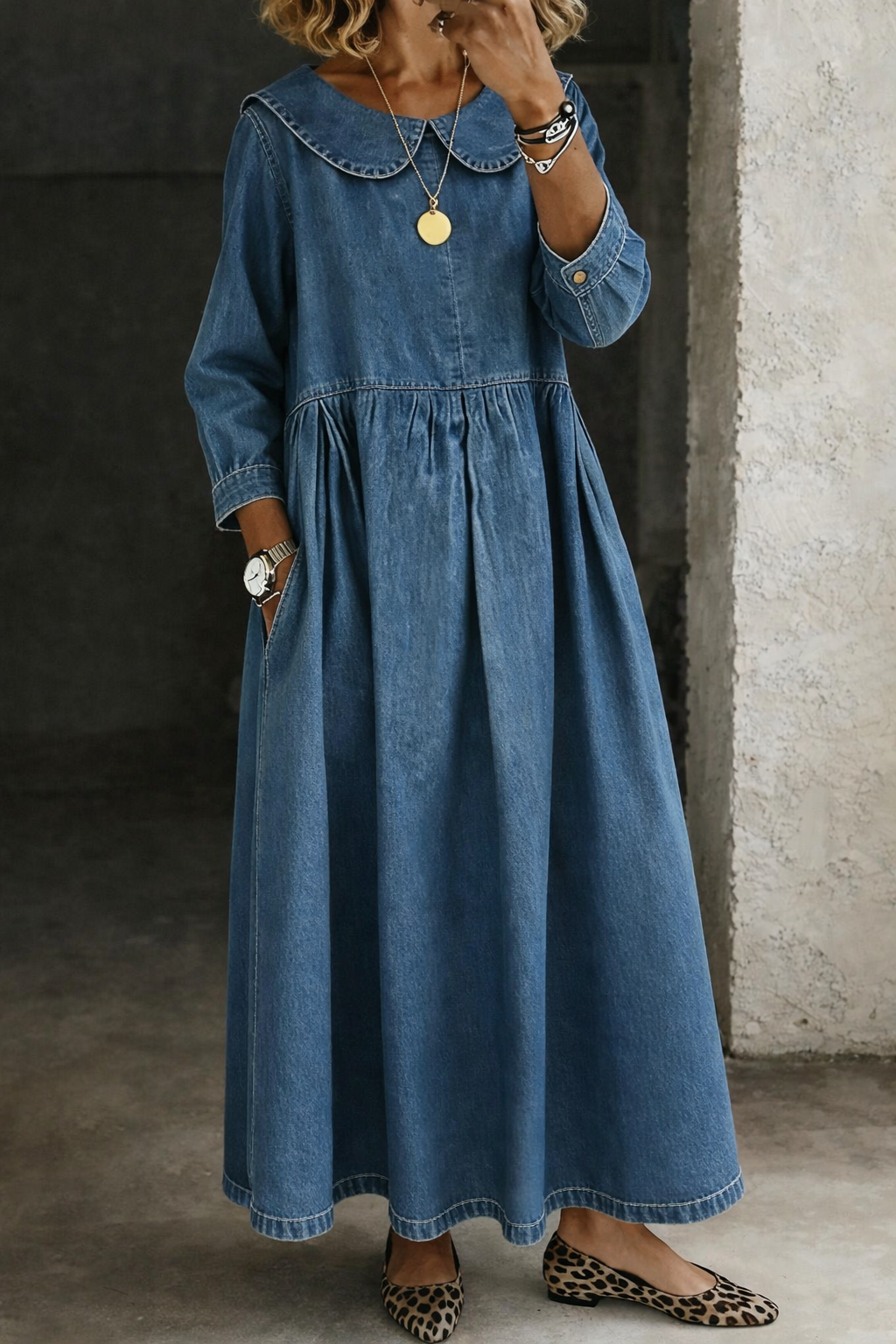 Cleo Peter Pan Collar Denim Dress 0