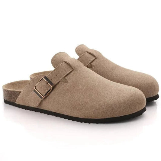 Men's slip-on clog loafers with buckle straps, round toes and flat soles