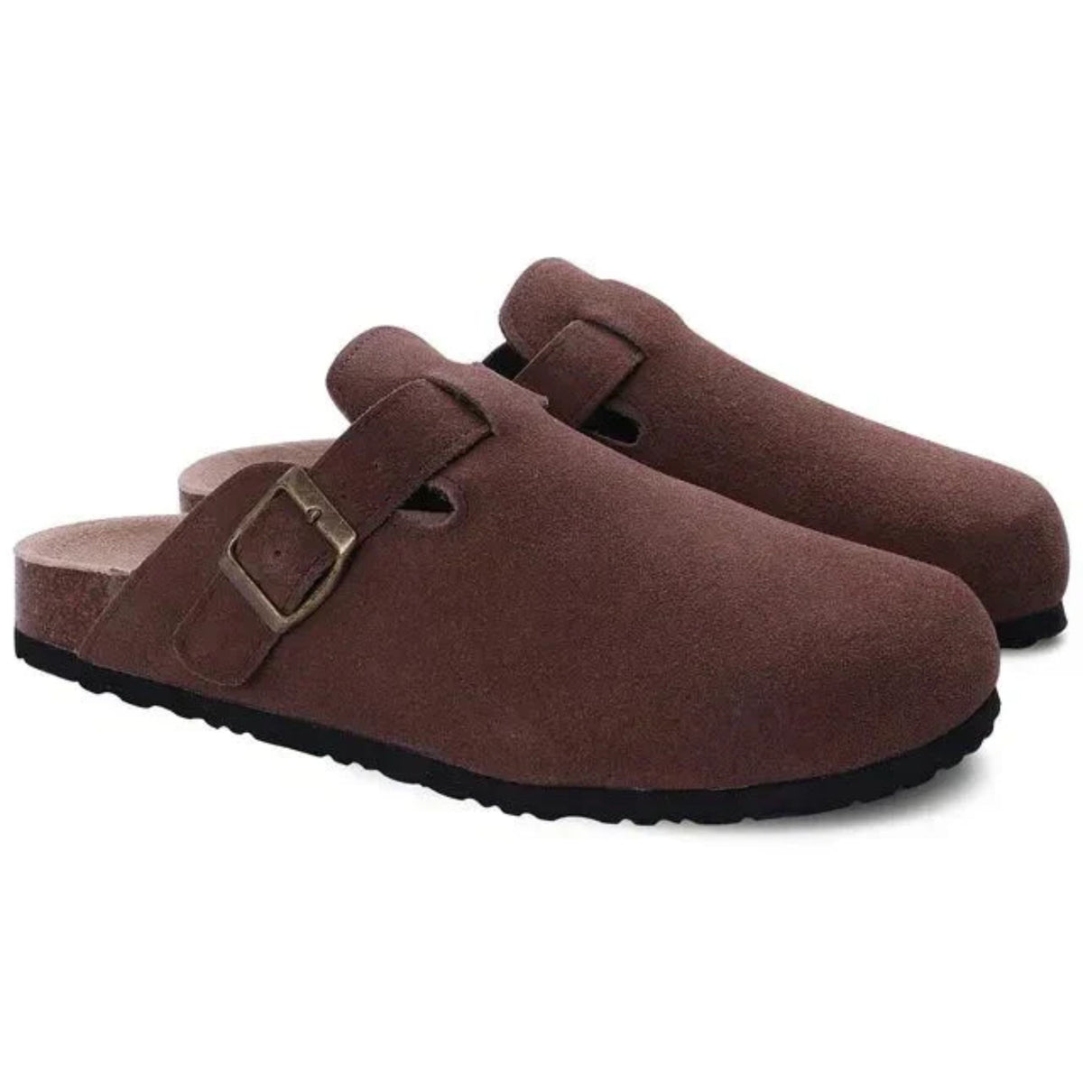 Men's slip-on clog loafers with buckle straps, round toes and flat soles