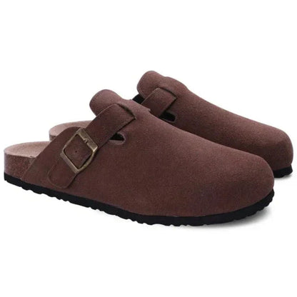 Men's slip-on clog loafers with buckle straps, round toes and flat soles